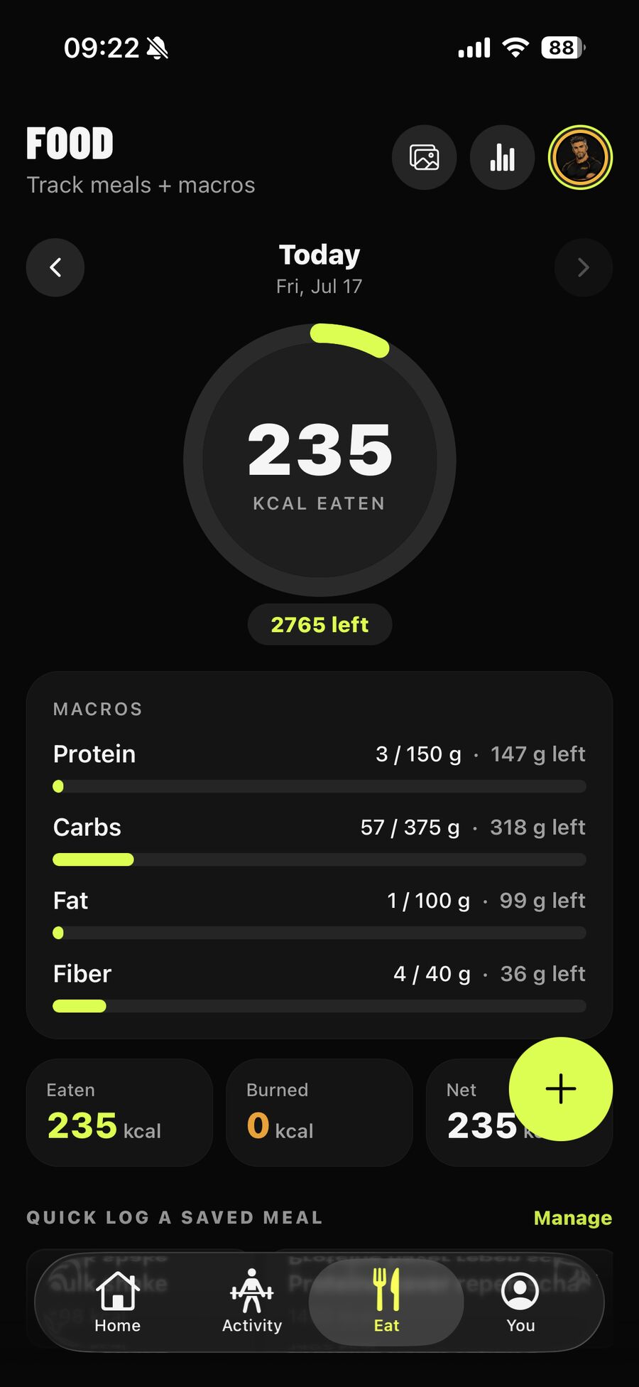 Het Eten-tabblad met de calorie-ring en macrobalken