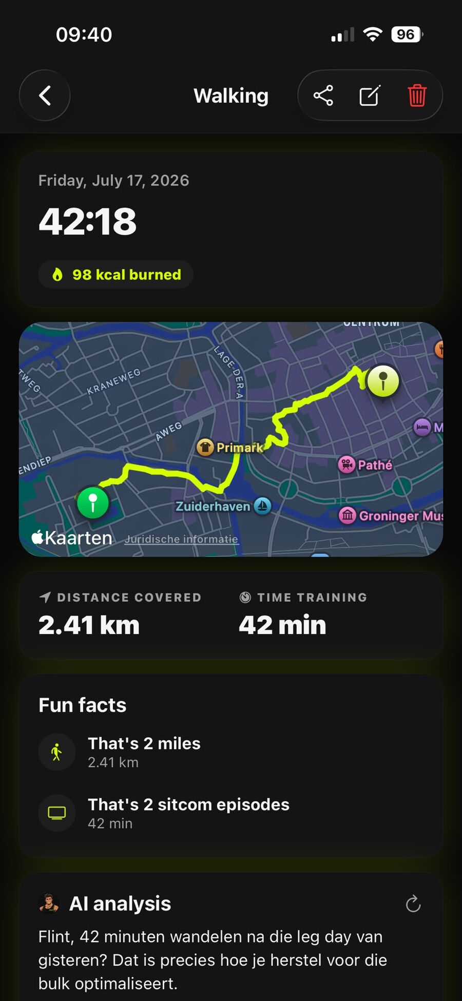 A finished run with its GPS route drawn on a map in Rep N Prep