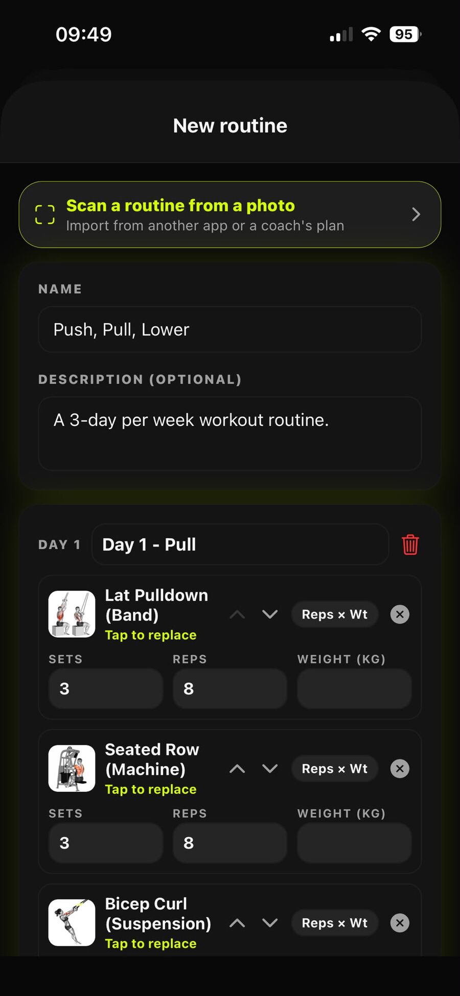 Eine gescannte Routine im Routine-Builder von Rep N Prep