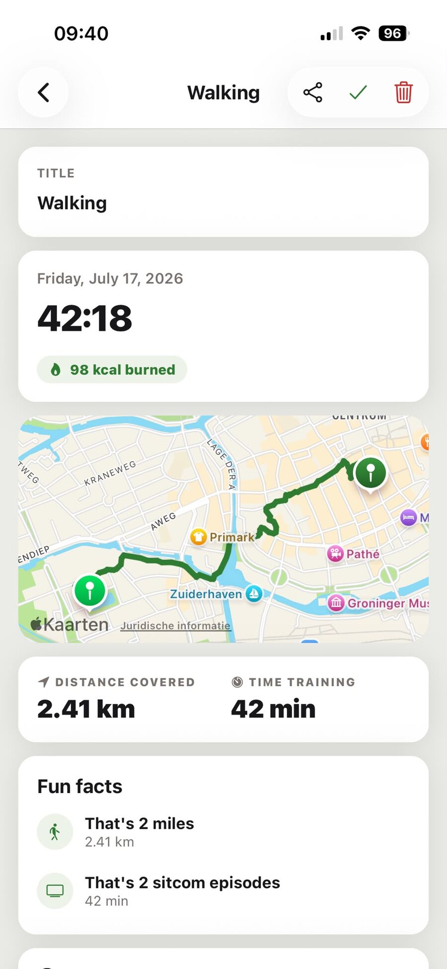 A finished run with its GPS route drawn on a map in Rep N Prep